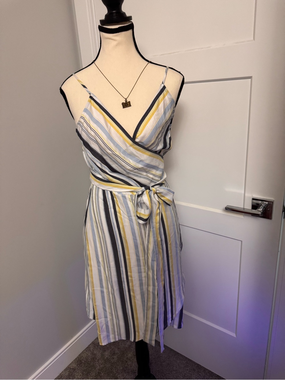 LOFT Striped Wrap Midi Dress in Yellow, Blue & White size 4